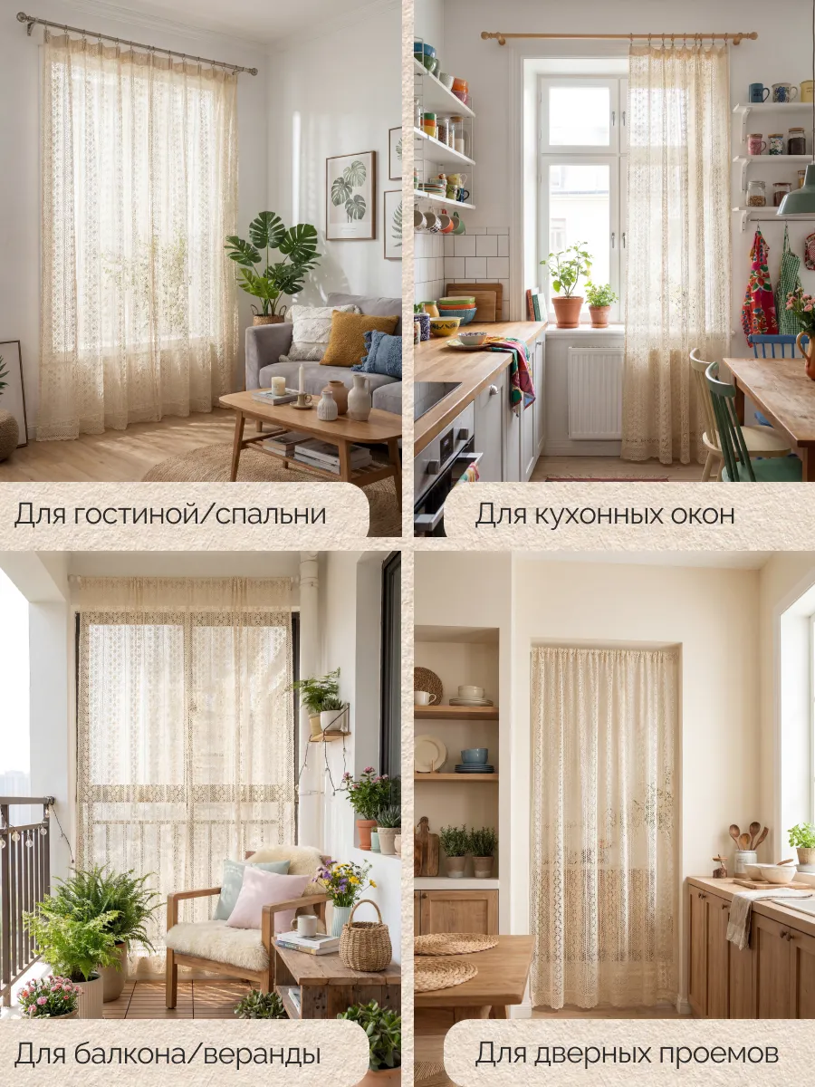 Тюль в гостиную зал 150х240 готовая бежевая вязаная ажурная, изображение 3