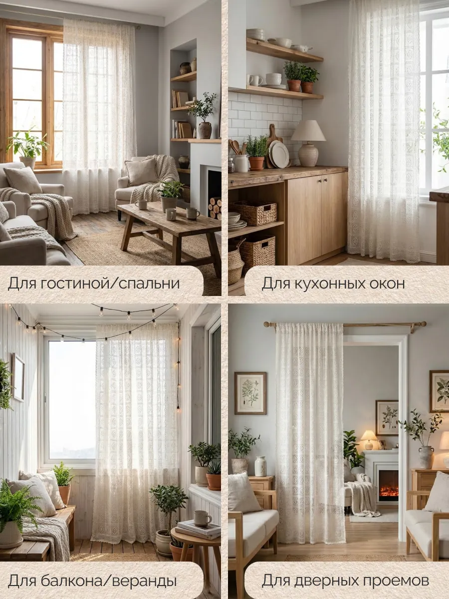Тюль вуаль 150х240 белая вязаная крючком готовая в зал, изображение 3