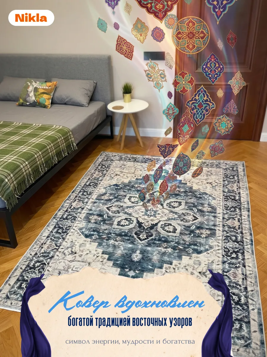 Ковер 150х200 комнатный прикроватный синий винтаж медальон, изображение 6